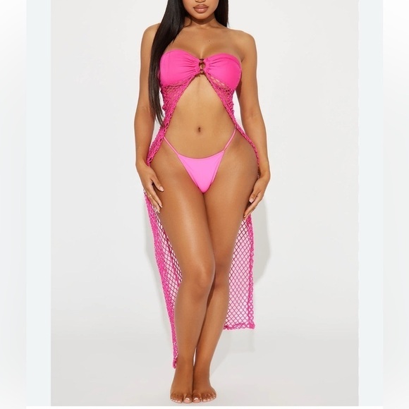 Love Other - Vibrant Pink Mesh Open Front Swim Cover-Up Dress